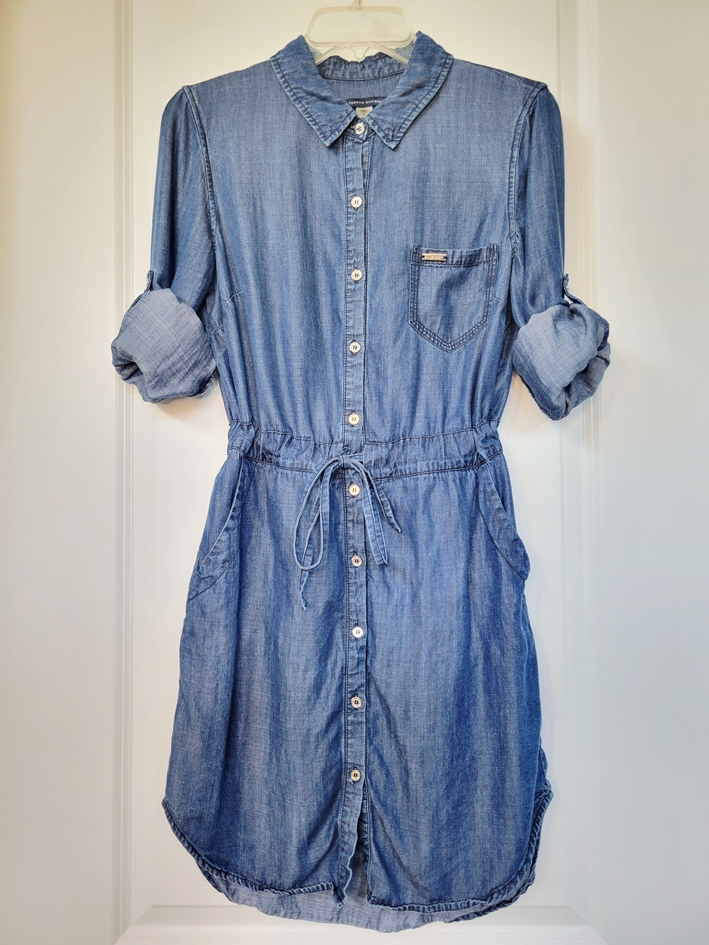 Tommy Hilfiger Chambray Shirt Dress with Drawstring Waist Blue 8